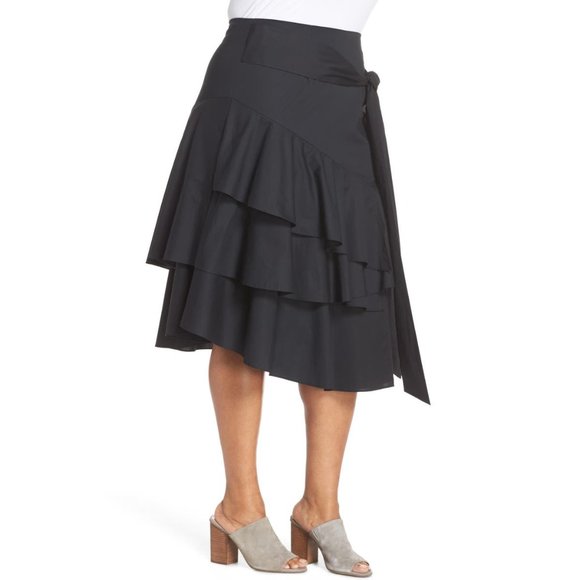 NWT Womens Plus Size 14W Vince Camuto Black Tiered Ruffle Belted Unlined Skirt - Picture 3 of 5